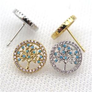 copper stud Earrings pave zircon, tree of life, mixed, approx 12mm dia