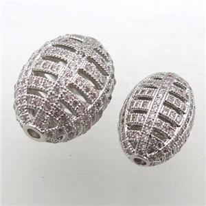 copper barrel beads pave zircon, hollow, platinum plated, approx 12x16mm