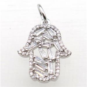 copper hamsahand pendant pave zircon, platinum plated, approx 15-20mm