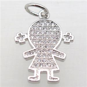 copper girl pendant pave zircon, platinum plated, approx 16-20mm