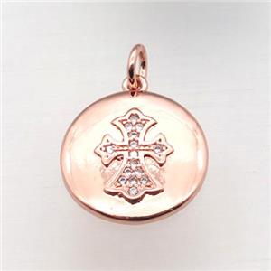 copper cross pendant pave zircon, rose gold, approx 15mm dia