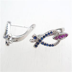 copper Latchback Earrings paved zircon with loop, platinum plated, approx 12-18mm