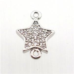 copper connector pave zircon, star, platinum plated, approx 10mm dia