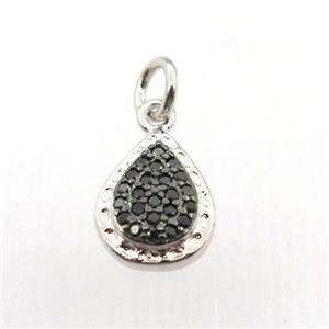 copper pendant pave zircon, teardrop, black plated, approx 8-12mm