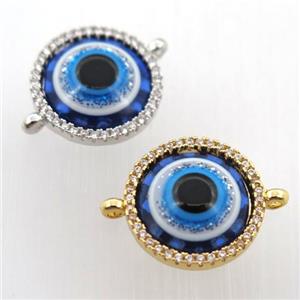 copper circle connector pave zircon with evil eye, mix color, approx 15mm dia