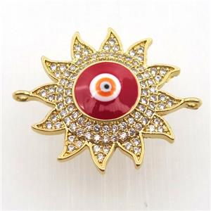 copper sun connector pave zircon with evil eye, gold plated, approx 22mm dia