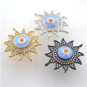 copper sun connector pave zircon with evil eye, mix color, approx 22mm dia