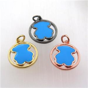 copper circle pendant with blue enameling bear, mix color, approx 15mm dia