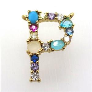 copper P-letter pendant paved zircon with 2loops, gold plated, approx 15-23mm