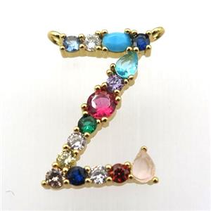 copper Z-letter pendant paved zircon with 2loops, gold plated, approx 15-23mm