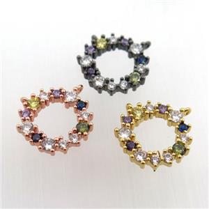 copper circle pendant paved zircon with 2loops, mix color, approx 15mm dia