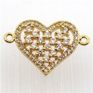 copper heart connector paved zircon, gold plated, approx 15-18mm