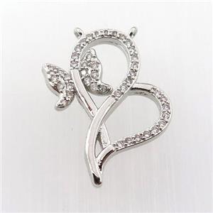 copper butterfly pendant pave zircon with 2loops, platinum plated, approx 20-25mm