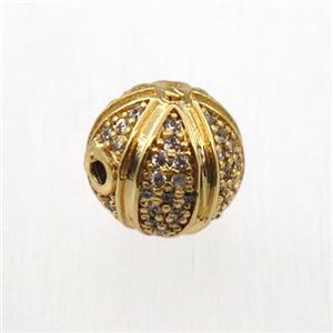 round copper beads pave zircon, gold plated, approx 10mm dia