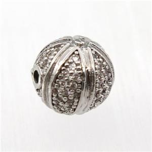 round copper beads pave zircon, platinum plated, approx 10mm dia