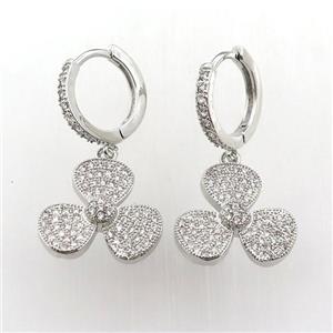 copper hoop earring pave zircon with clover, platinum plated, approx 16mm dia, 14mm dia