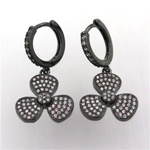 copper hoop earring pave zircon with clover, black plated, approx 16mm dia, 14mm dia