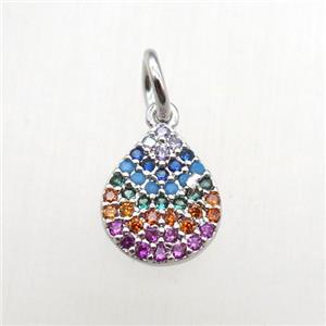 copper teardrop pendant paved zircon, platinum plated, approx 8-10mm