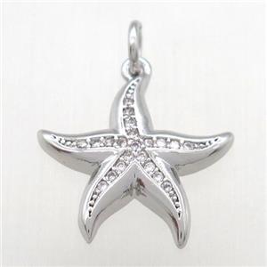 copper starfish pendant paved zircon, platinum plated, approx 17mm dia