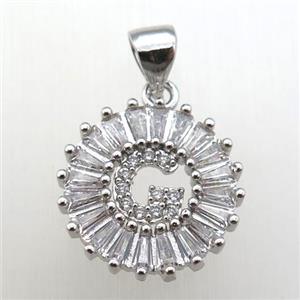 copper letter-G pendant paved zircon, platinum plated, approx 15mm dia