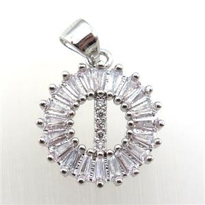 copper letter-I pendant paved zircon, platinum plated, approx 15mm dia
