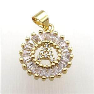 copper letter-A pendant paved zircon, gold plated, approx 15mm dia