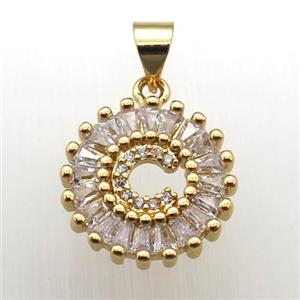 copper letter-C pendant paved zircon, gold plated, approx 15mm dia