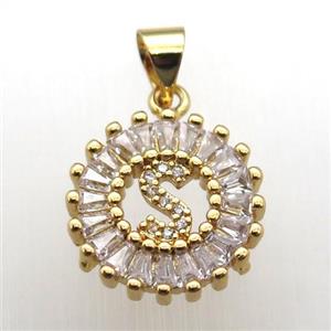 copper letter-S pendant paved zircon, gold plated, approx 15mm dia