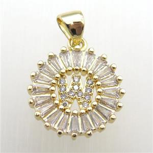 copper letter-W pendant paved zircon, gold plated, approx 15mm dia