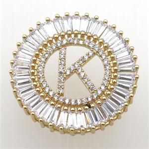 copper letter-K pendant paved zircon, gold plated, approx 28mm dia