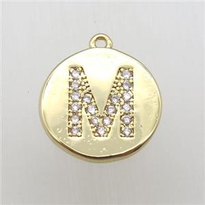copper letter-M pendant pave zircon, gold plated, approx 14mm dia