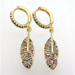 copper hoop earrings pendant pave zircon, leaf, gold plated, approx 7-25mm, 14mm dia