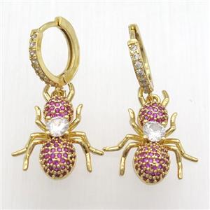 copper hoop earrings pendant pave zircon, ant, gold plated, approx 16-23mm, 14mm dia