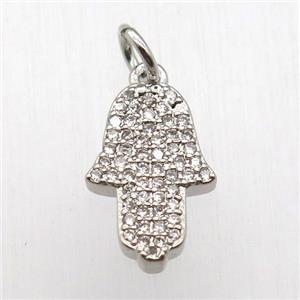 copper hamsahand pendant pave zircon, platinum plated, approx 10-14mm