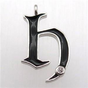 copper letter-H pendant pave zircon, black Enameling, platinum plated, approx 15-20mm