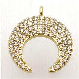copper crescent moon pendant paved zircon, gold plated, approx 16mm dia