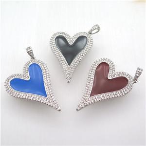 copper heart pendant paved zircon, enameling, platinum plated, mixed, approx 30-40mm