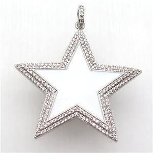 copper star pendant paved zircon, white enameling, platinum plated, approx 45mm dia