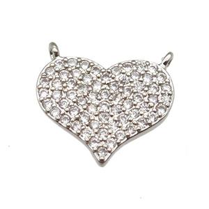 copper heart pendant paved zircon with 2loops, platinum plated, approx 12-15mm