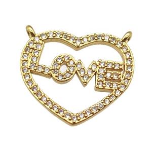 copper LOVE heart pendant paved zircon with 2loops, gold plated, approx 16-18mm