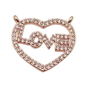 copper LOVE heart pendant paved zircon with 2loops, rose gold, approx 16-18mm