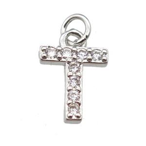 copper letter-T pendant paved zircon, platinum plated, approx 10mm