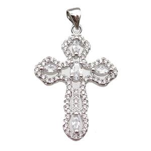 copper cross pendant paved zircon, platinum plated, approx 22-30mm
