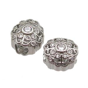 European Style copper beads paved zircon, platinum plated, approx 10-12mm, 5mm hole