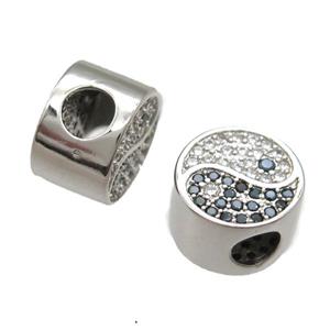 European Style copper taichi beads paved zircon, yinyang, platinum plated, approx 10-12mm, 5mm hole