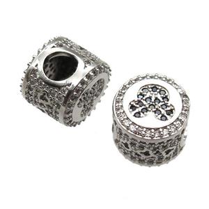 European Style copper beads paved zircon, platinum plated, approx 10-12mm, 5mm hole