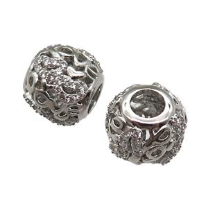 European Style copper round beads paved zircon, platinum plated, approx 10-12mm, 5mm hole