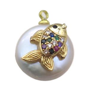 natural pearl pendant paved zircon, approx 14mm dia