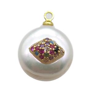 natural pearl pendant paved zircon, approx 14mm dia