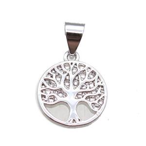 copper pendant paved zircon, tree of life, platinum plated, approx 11.5mm